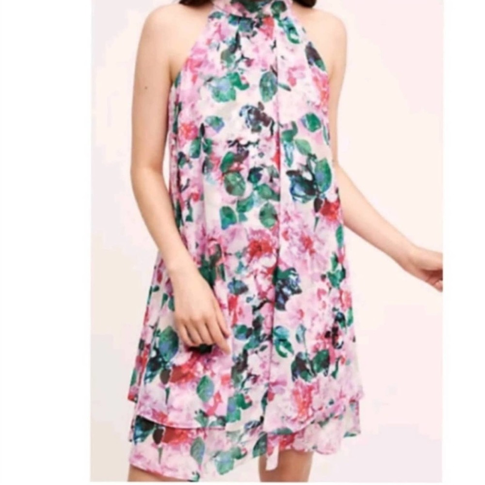 ELIZA J Chiffon Trapeze Swing Halter Floral Dress Pink Lavender Wedding Size 8